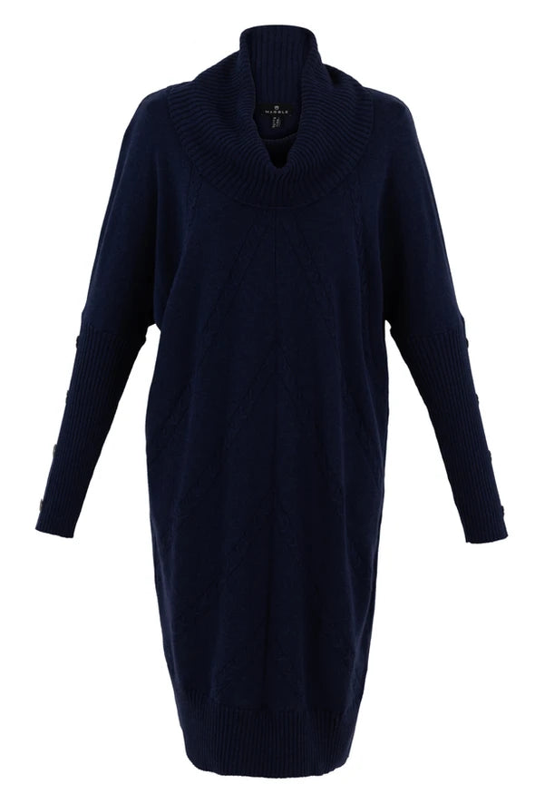 7184-Cowl Neck Cable Knit Dress- Navy- Marble