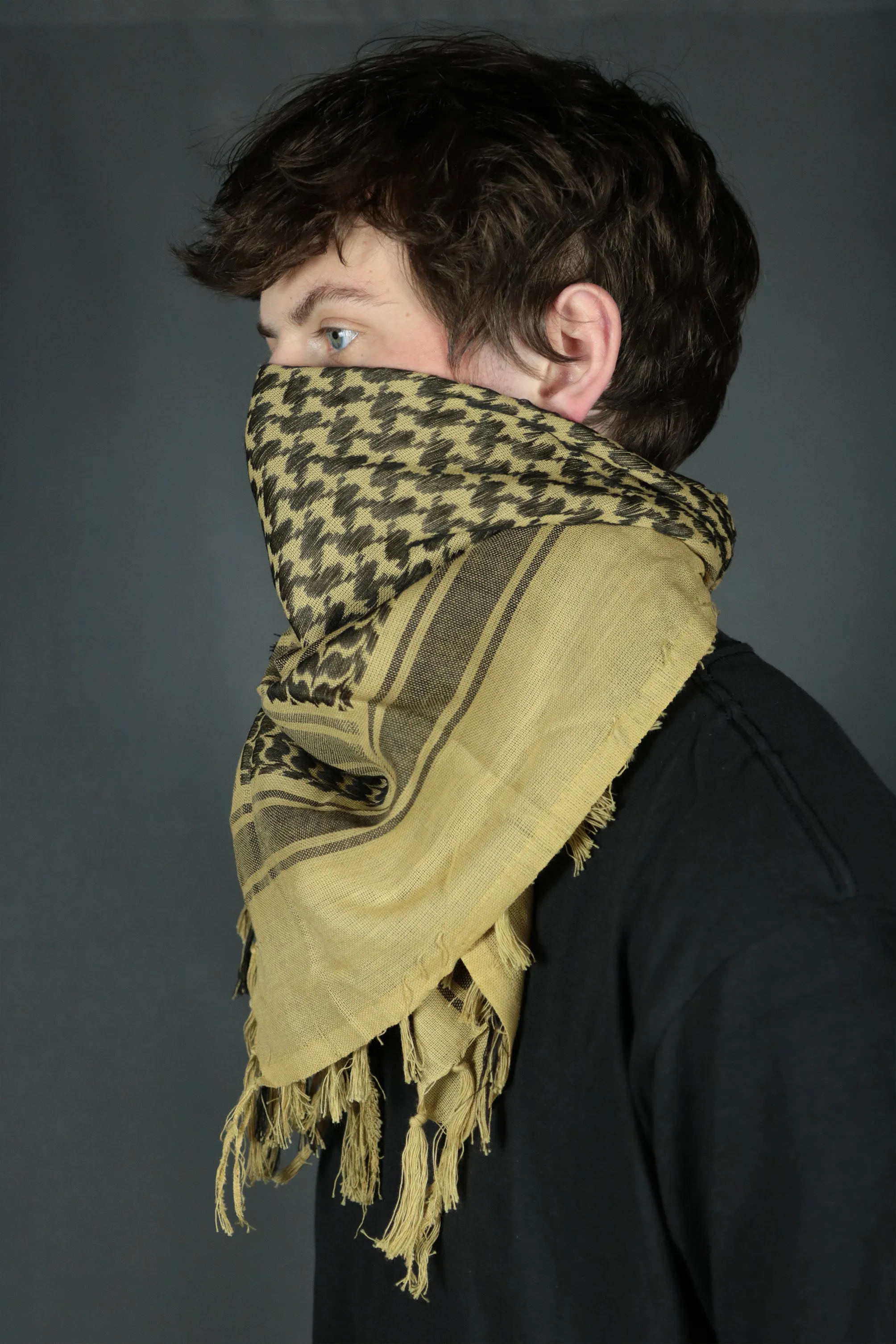 Arabic Sheik Print Shemagh Scarf | Black and Khaki Face Scarf