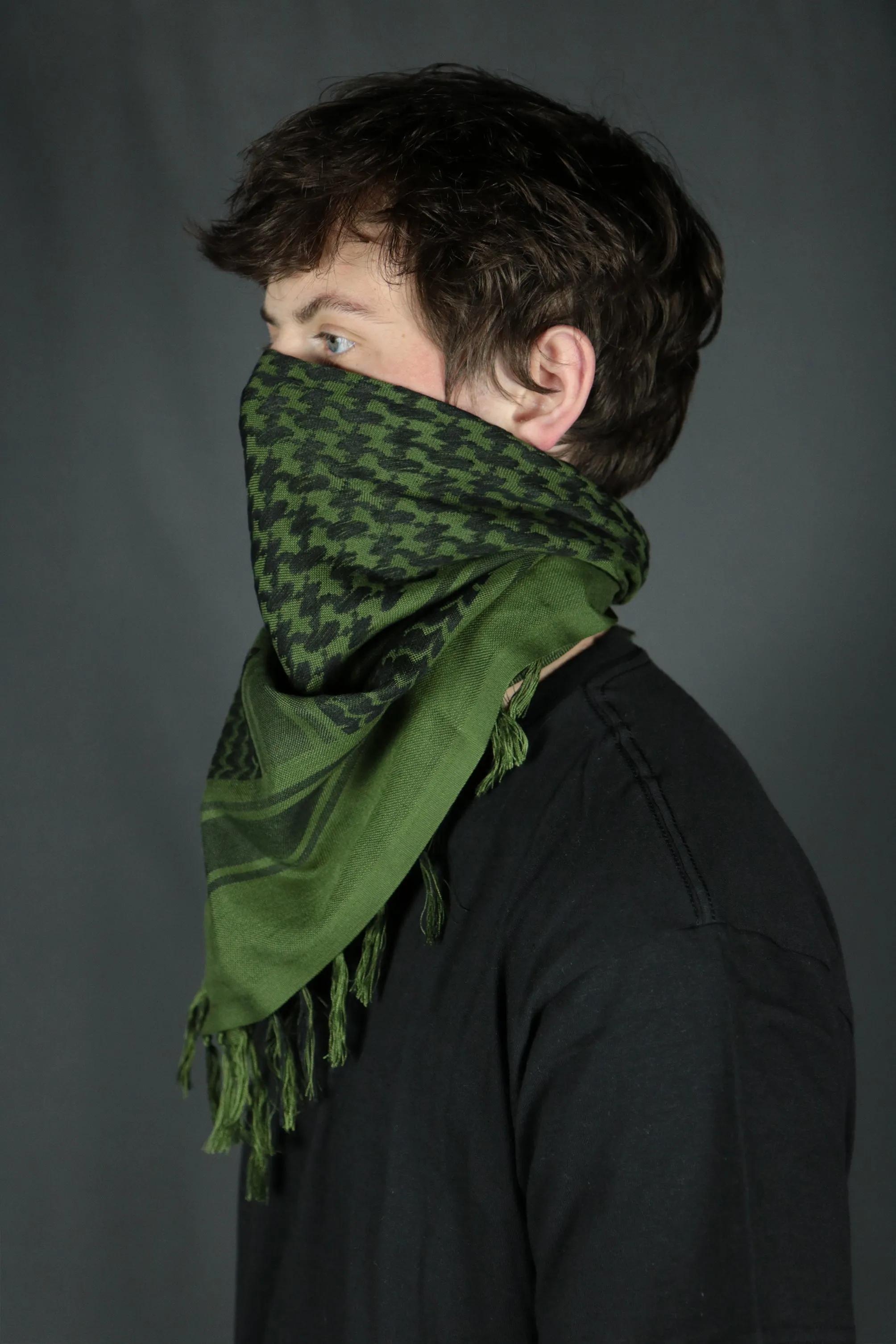 Arabic Sheik Print Shemagh Scarf | Black and Olive Face Scarf