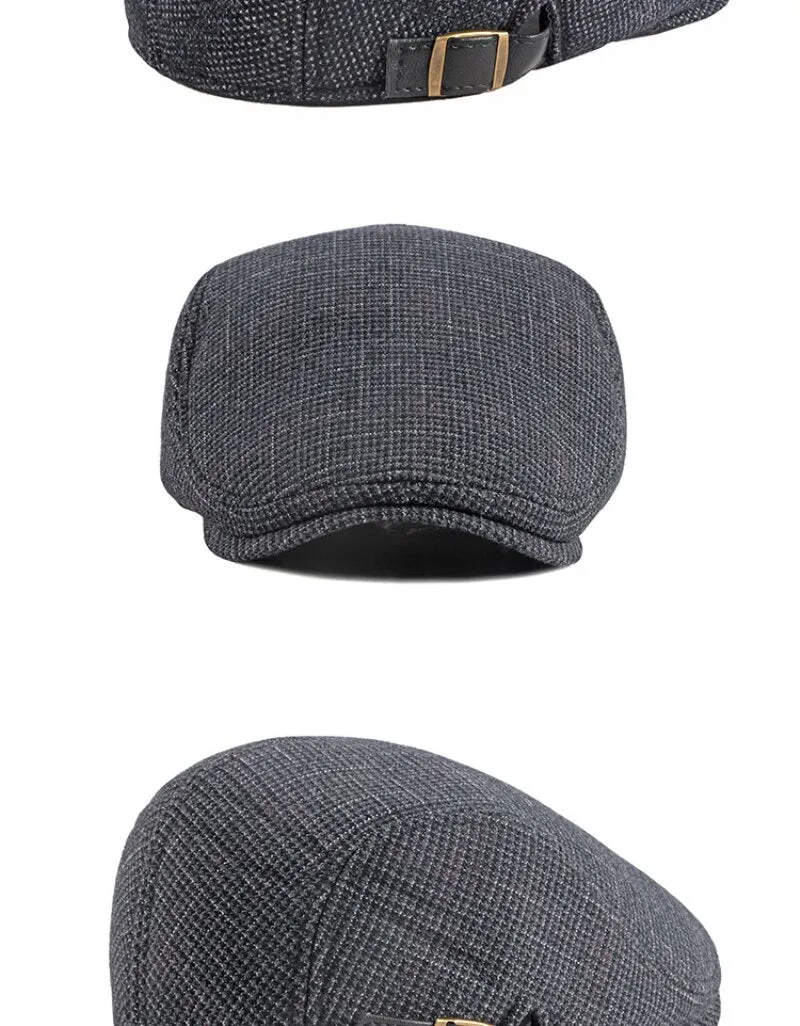 Autumn Winter Fashion Vintage Wool Plaid Adjustable Beret Cap for Men