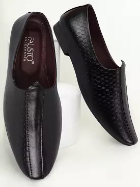 Basics Men Black Embossed Design Ethnic Slip On Juttis and Mojaris