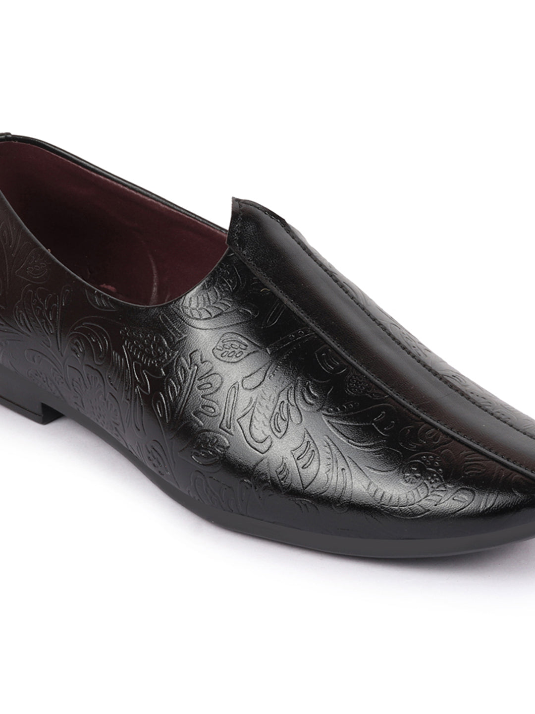 Basics Men Black Textured Floral Prints Slip On Ethnic Juttis and Mojaris