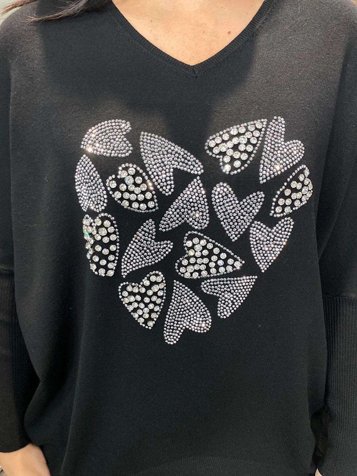 Black Embellished Heart Batwing Pam