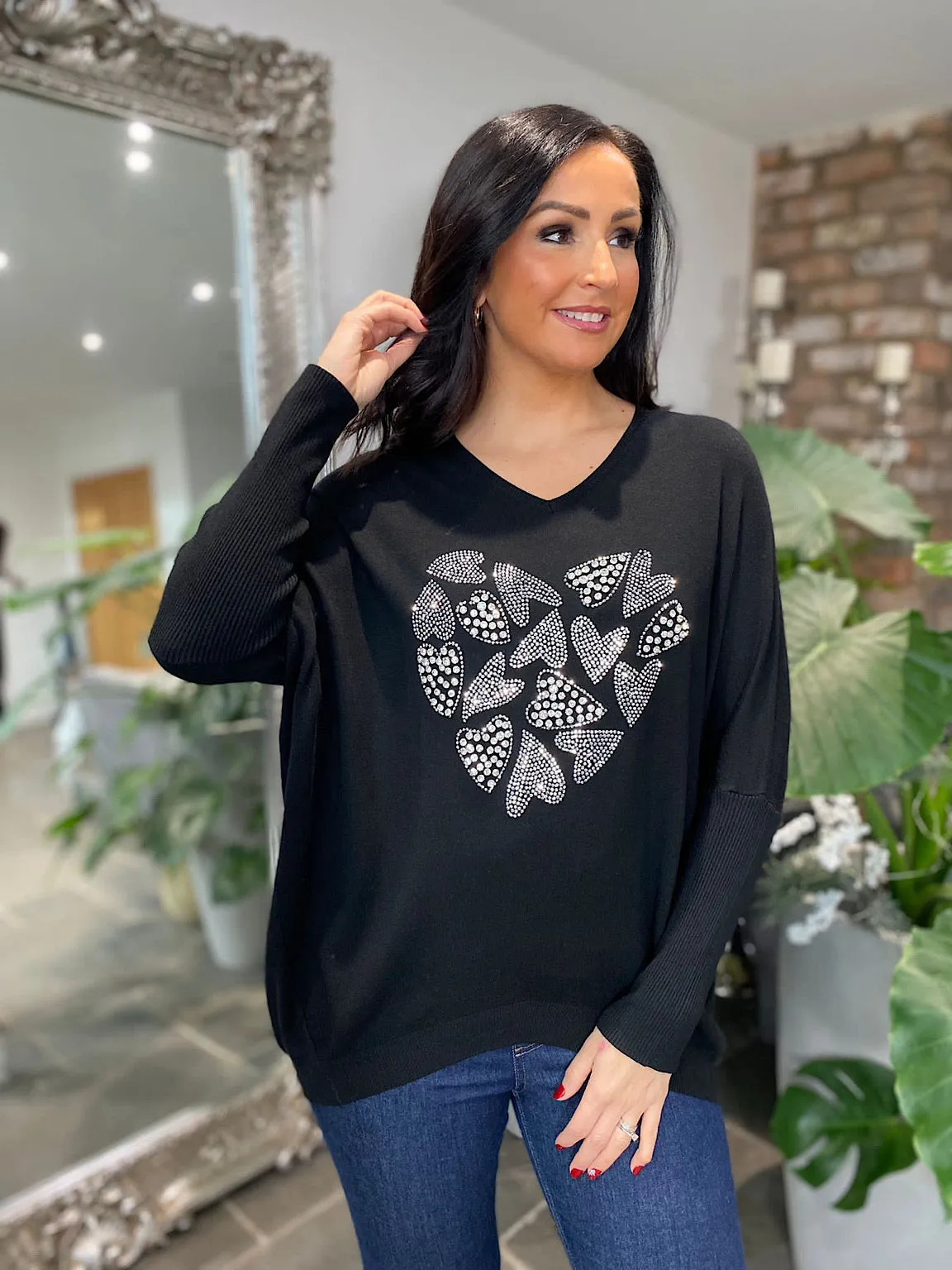 Black Embellished Heart Batwing Pam