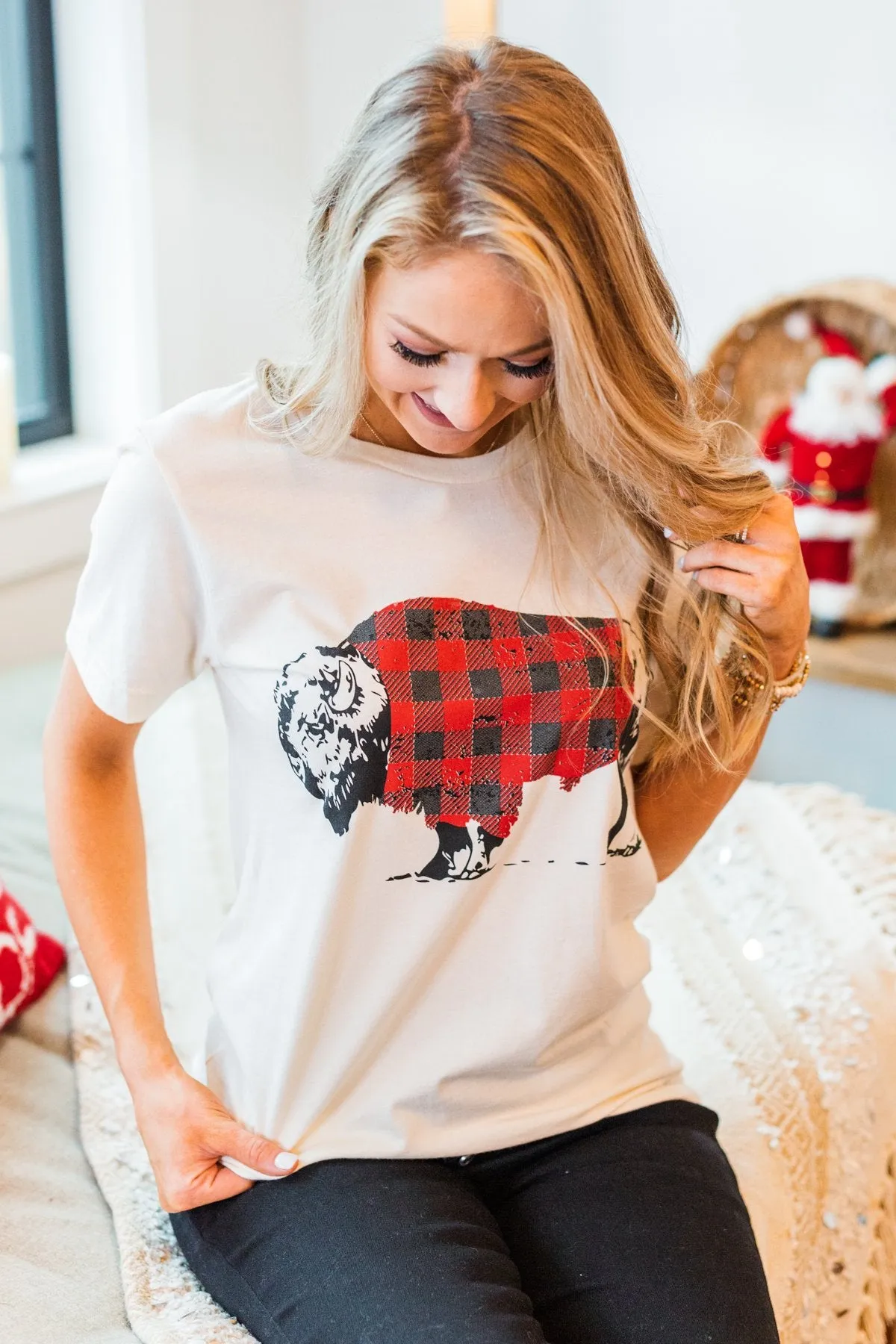 Buffalo Wearing Buffalo Plaid Graphic Tee- Cream