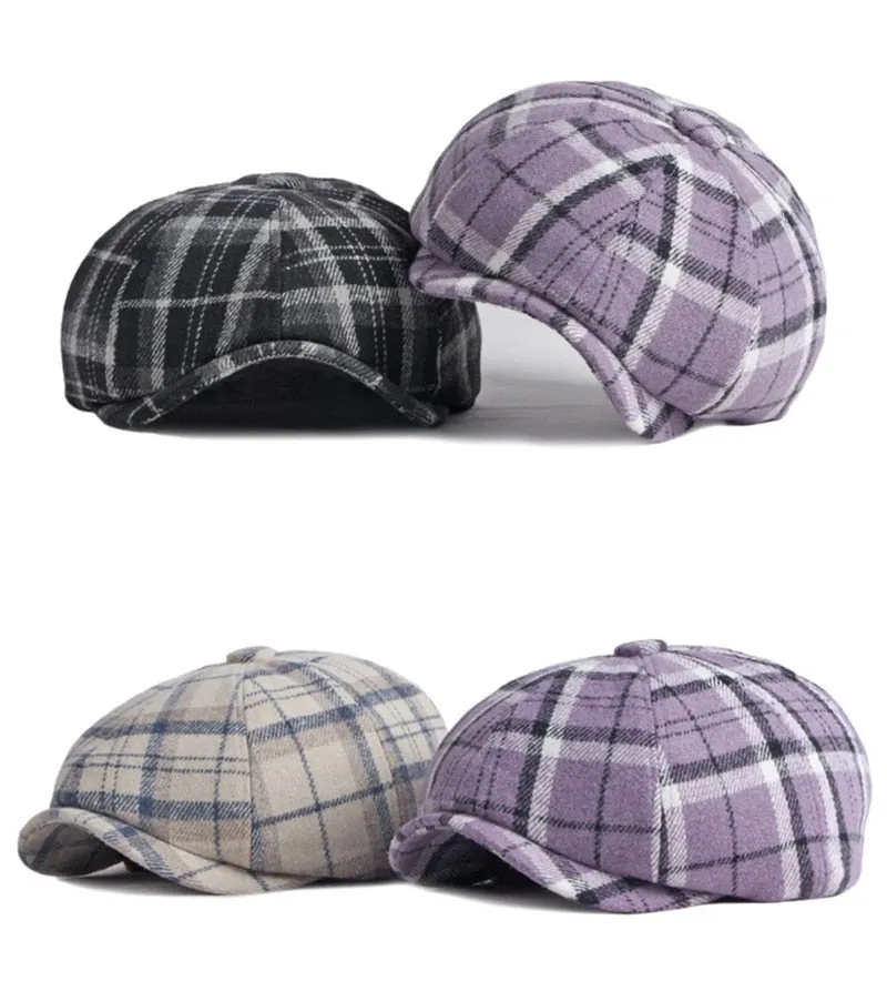 Casual British Style Wool Plaid Pattern News Boy for Men and Women