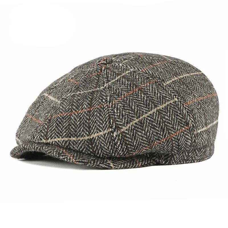 Casual Men's Plaid Pattern Elastic Strap Octagonal Tweed Flat Newsboy Cap