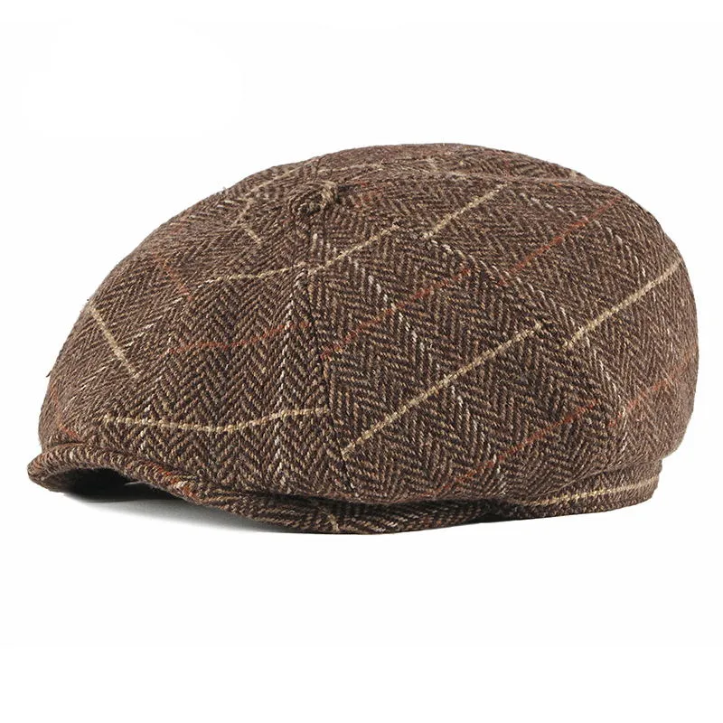 Casual Men's Plaid Pattern Elastic Strap Octagonal Tweed Flat Newsboy Cap