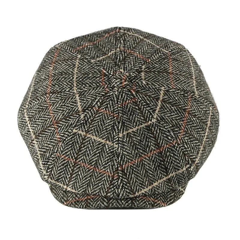 Casual Men's Plaid Pattern Elastic Strap Octagonal Tweed Flat Newsboy Cap