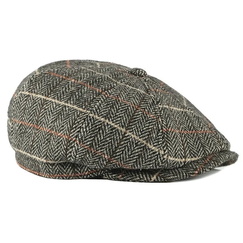 Casual Men's Plaid Pattern Elastic Strap Octagonal Tweed Flat Newsboy Cap