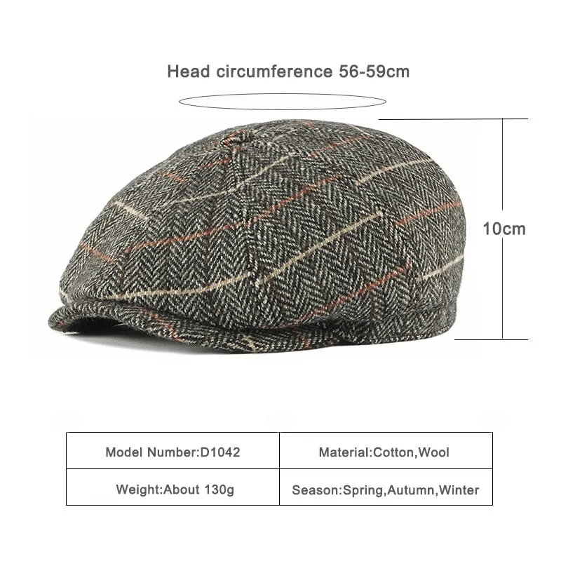 Casual Men's Plaid Pattern Elastic Strap Octagonal Tweed Flat Newsboy Cap