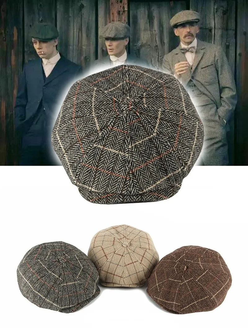 Casual Men's Plaid Pattern Elastic Strap Octagonal Tweed Flat Newsboy Cap