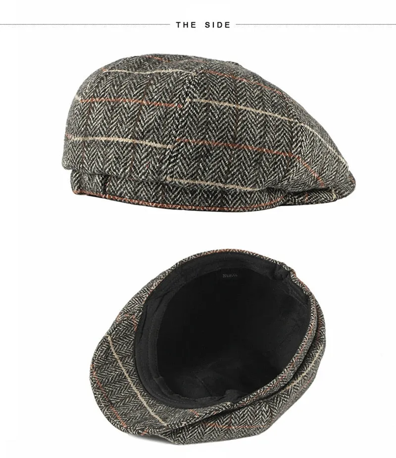 Casual Men's Plaid Pattern Elastic Strap Octagonal Tweed Flat Newsboy Cap