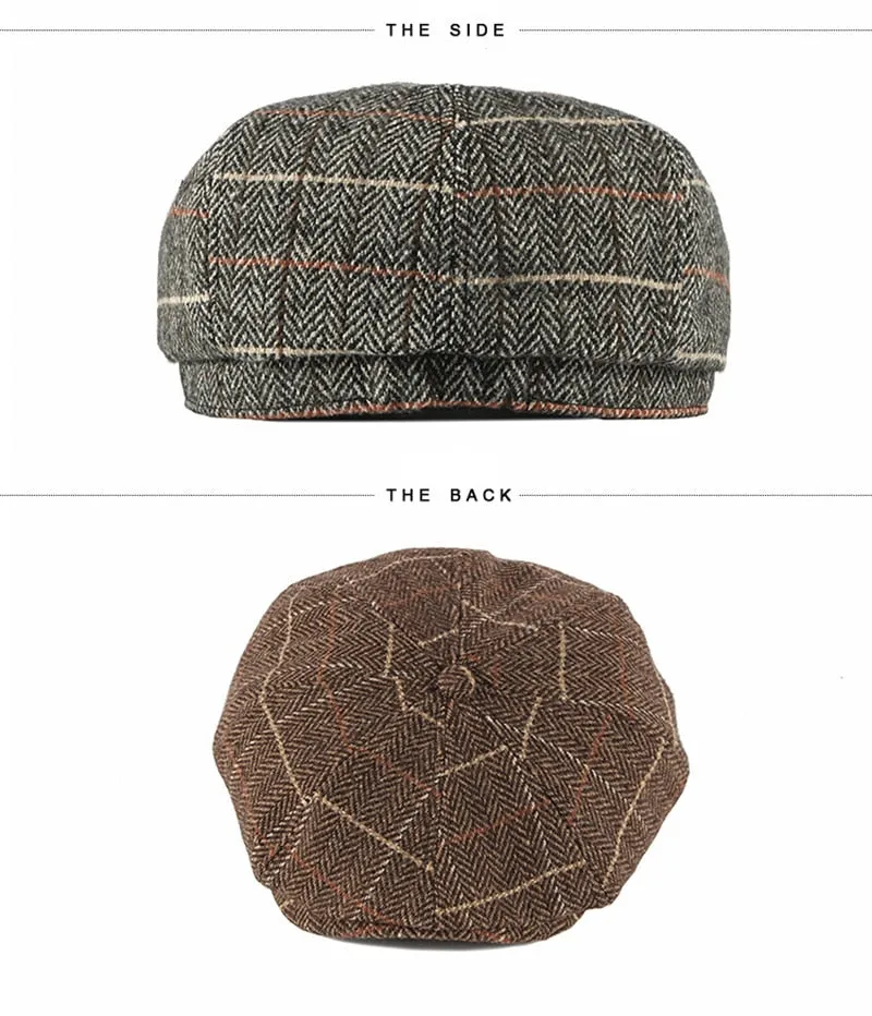 Casual Men's Plaid Pattern Elastic Strap Octagonal Tweed Flat Newsboy Cap