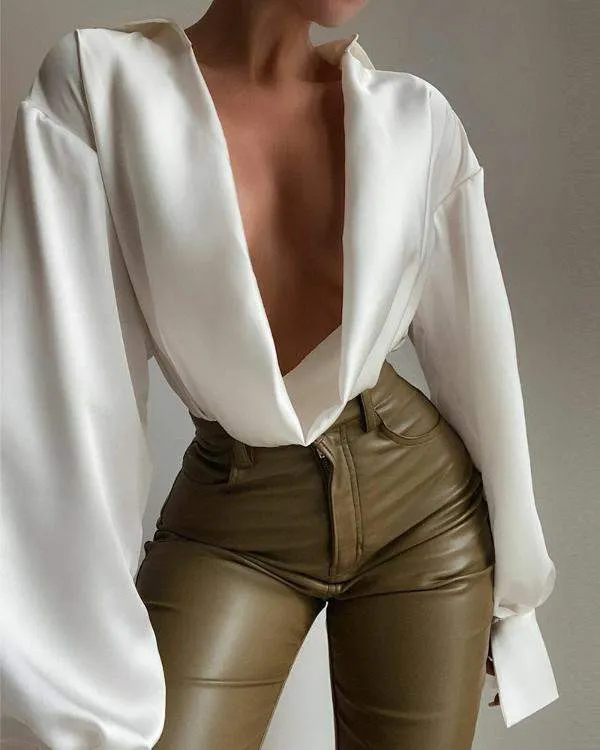 Collared Cowl Neck Lantern Sleeve Satin Top