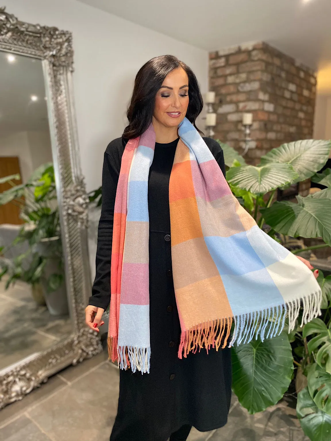 Coral Soft Large Check Scarf