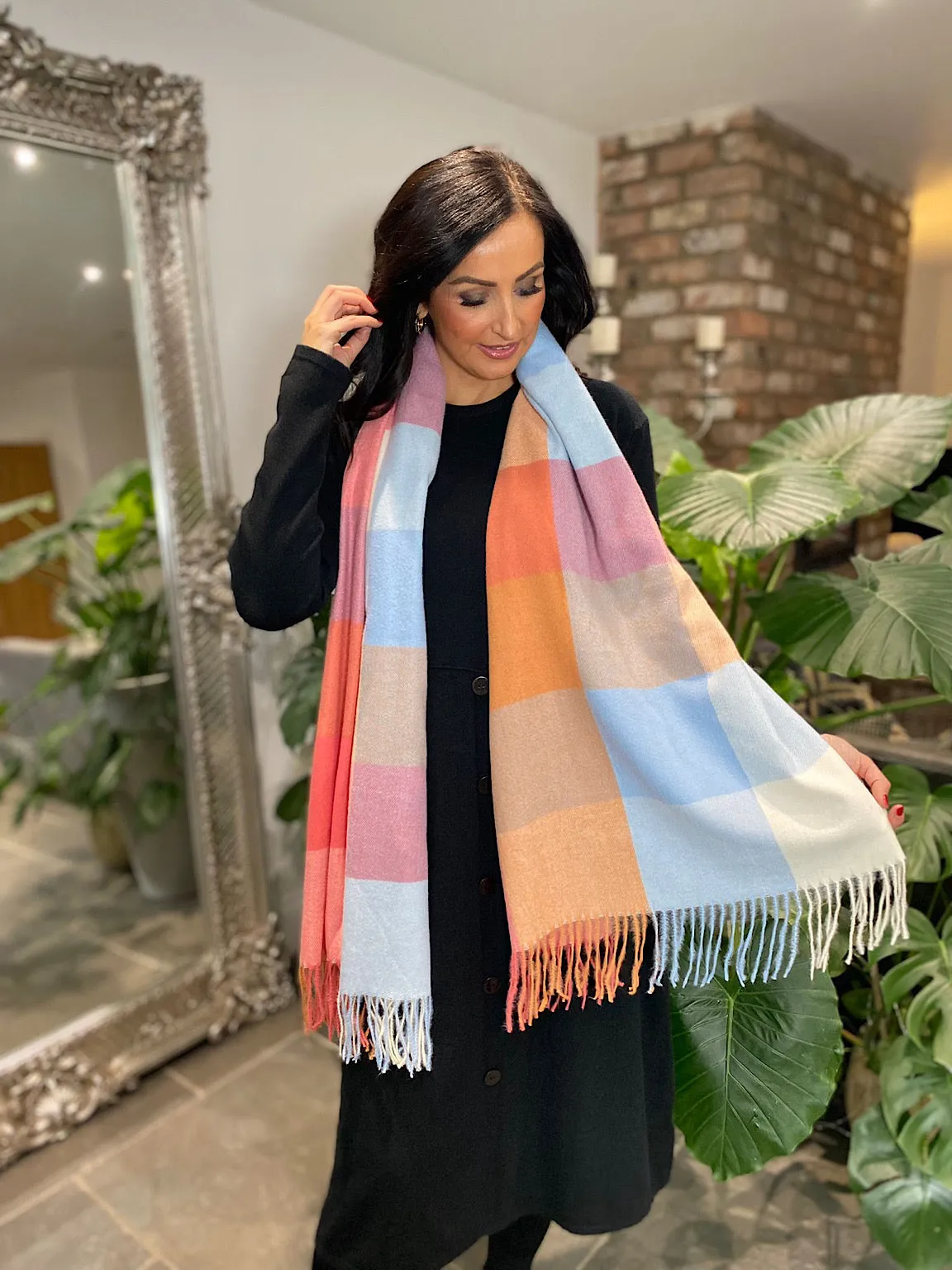 Coral Soft Large Check Scarf