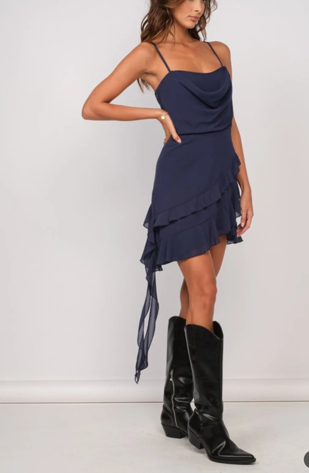 Cybel navy ruffle down dress