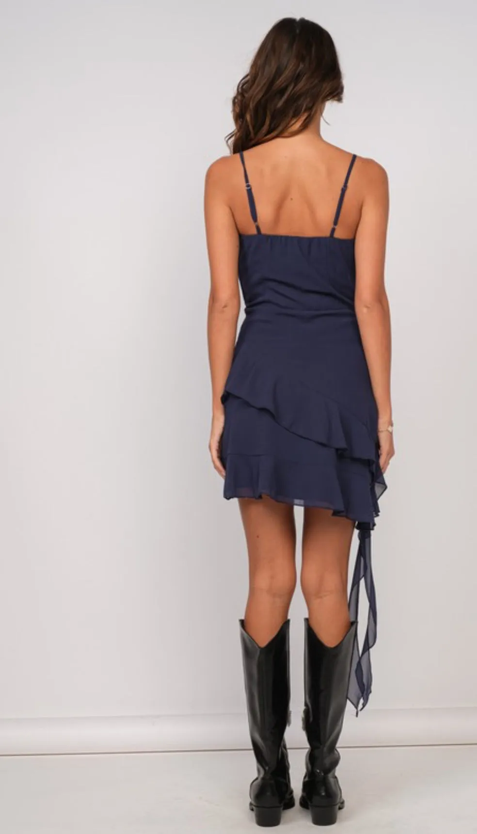 Cybel navy ruffle down dress