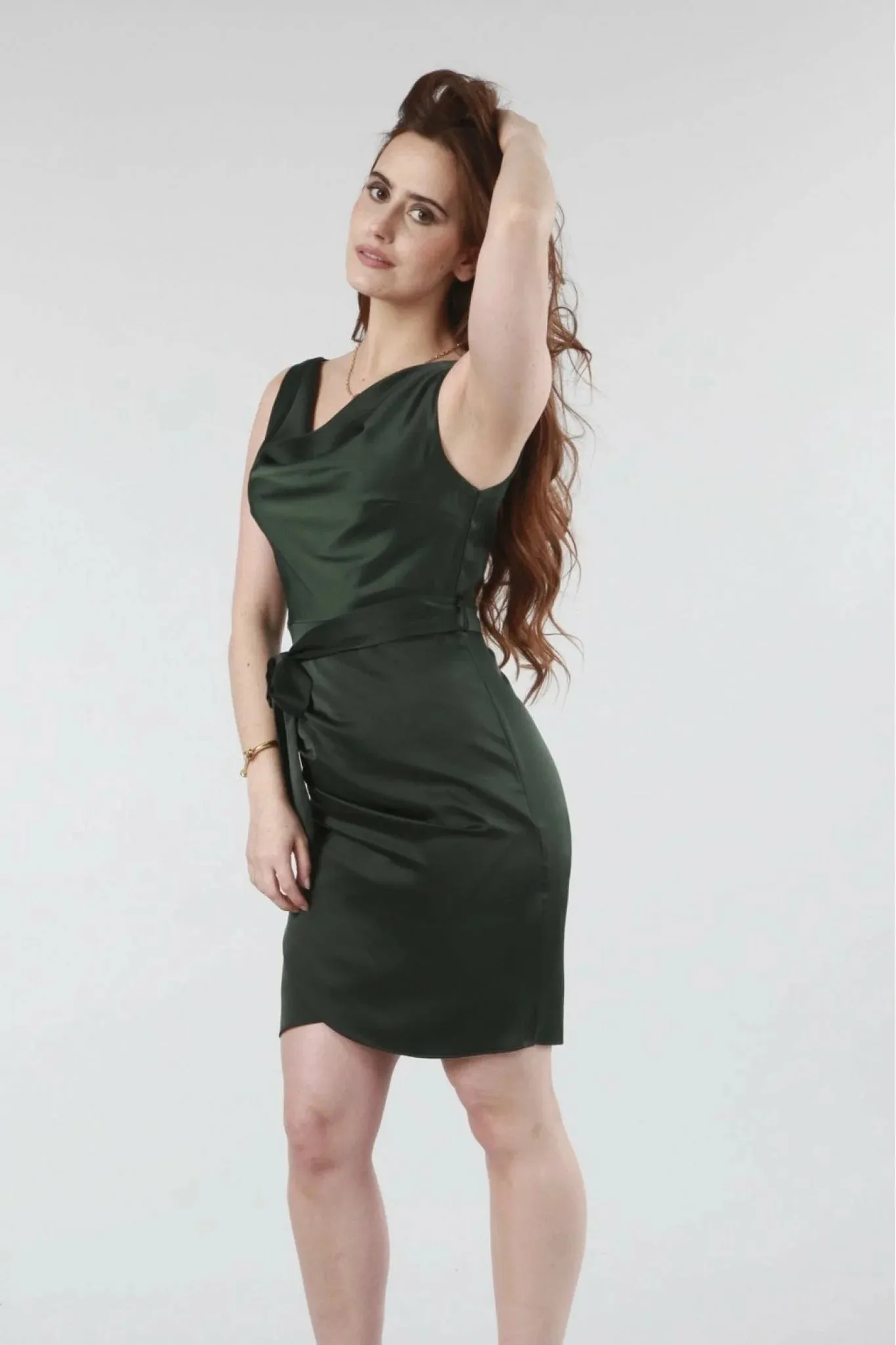 Double Second Green Belted Cowl Neck Dress