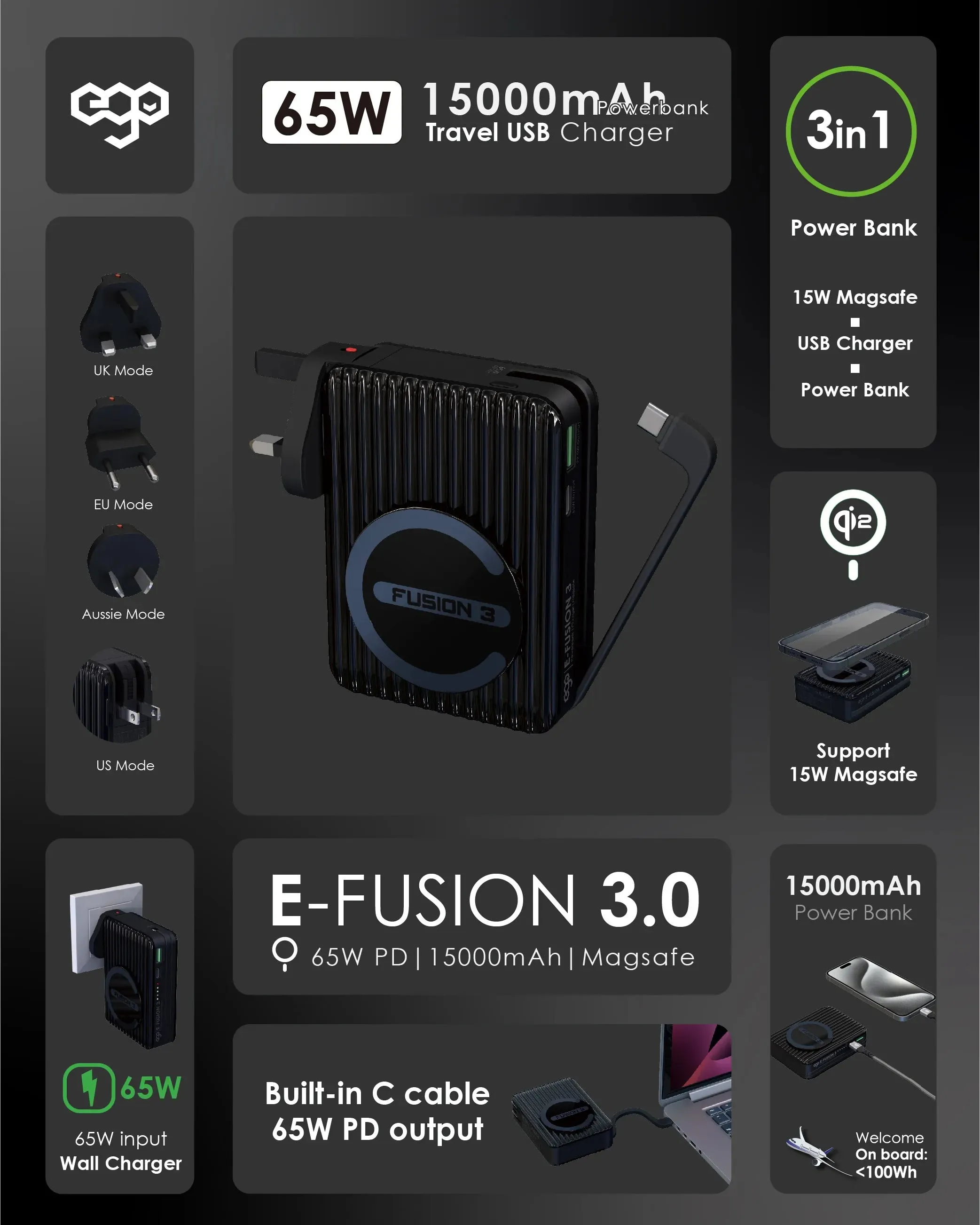 EGO E-Fusion 3.0 15000mAh Changer + Power Bank + Magsafe