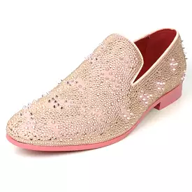 FI-7516 Pink Suede Rhinestones Spikes Slip on Loafer Fiesso by Aurelio Garcia