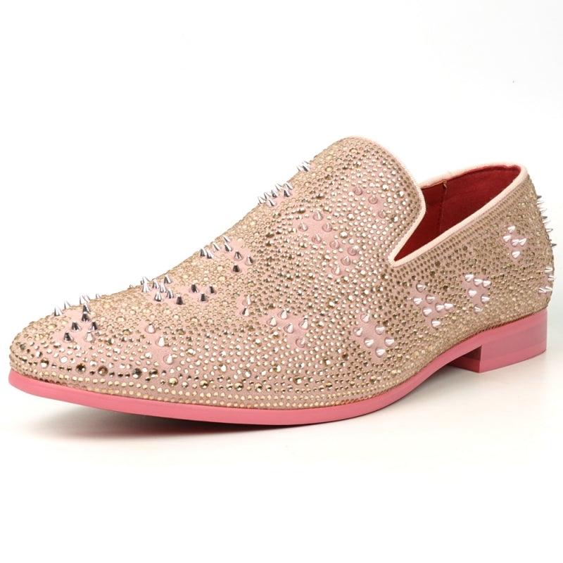 FI-7516 Pink Suede Rhinestones Spikes Slip on Loafer Fiesso by Aurelio Garcia