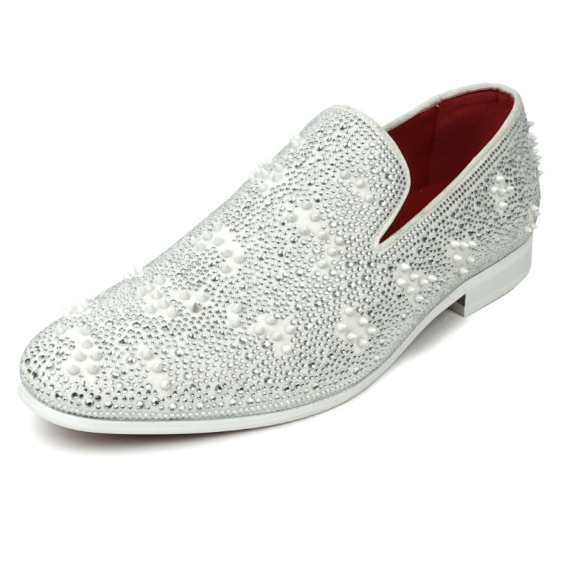 FI-7516 White Suede Rhinestones Spikes Slip on Loafer Fiesso by Aurelio Garcia