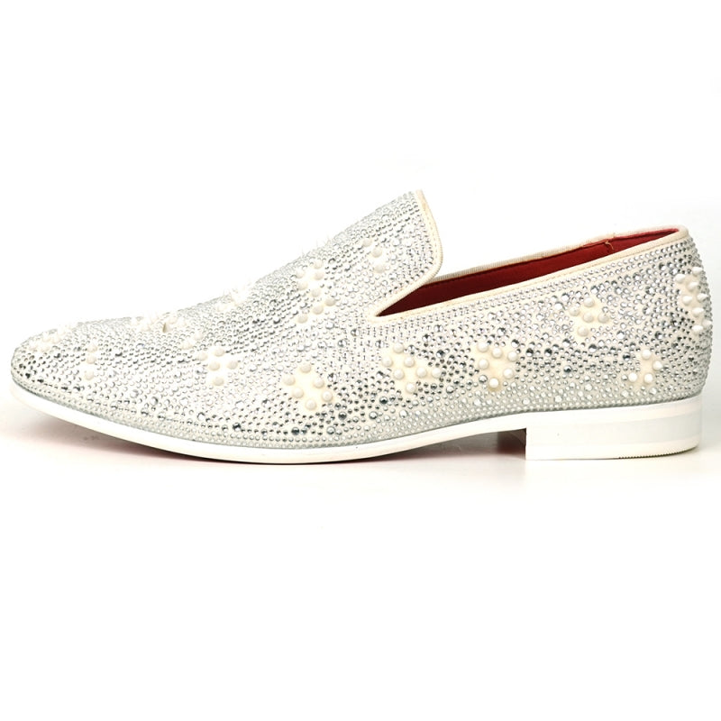 FI-7516 White Suede Rhinestones Spikes Slip on Loafer Fiesso by Aurelio Garcia