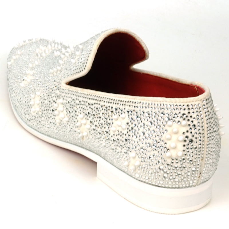 FI-7516 White Suede Rhinestones Spikes Slip on Loafer Fiesso by Aurelio Garcia