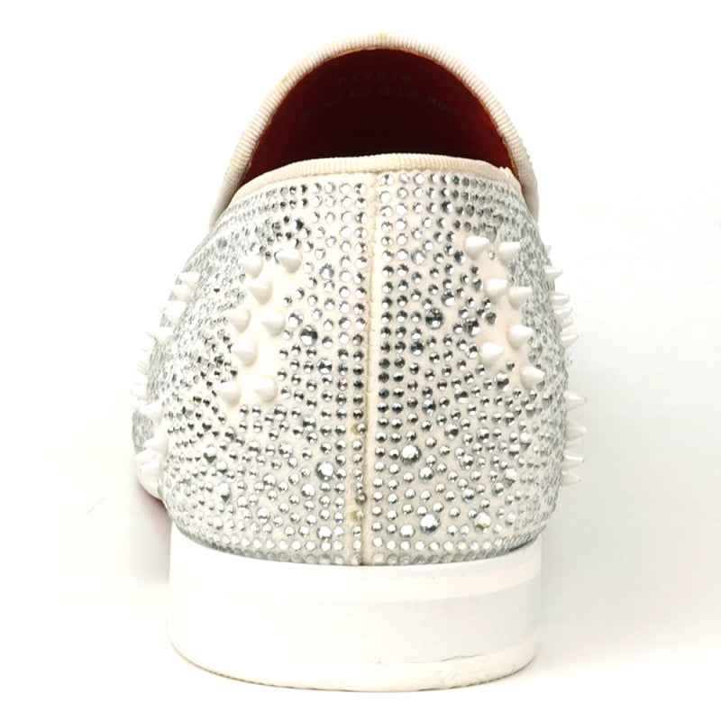 FI-7516 White Suede Rhinestones Spikes Slip on Loafer Fiesso by Aurelio Garcia