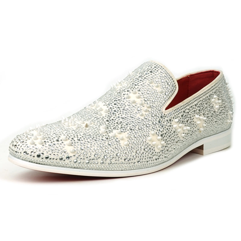 FI-7516 White Suede Rhinestones Spikes Slip on Loafer Fiesso by Aurelio Garcia