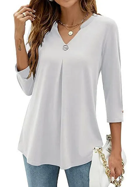 Flowing Tunic with 3/4 Sleeve and V Neck in Black, White, and Pink