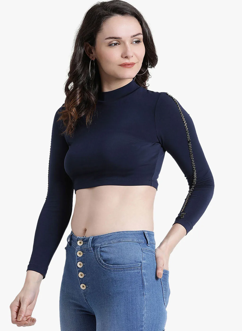 Full Sleeves Band Neck Embellished Top