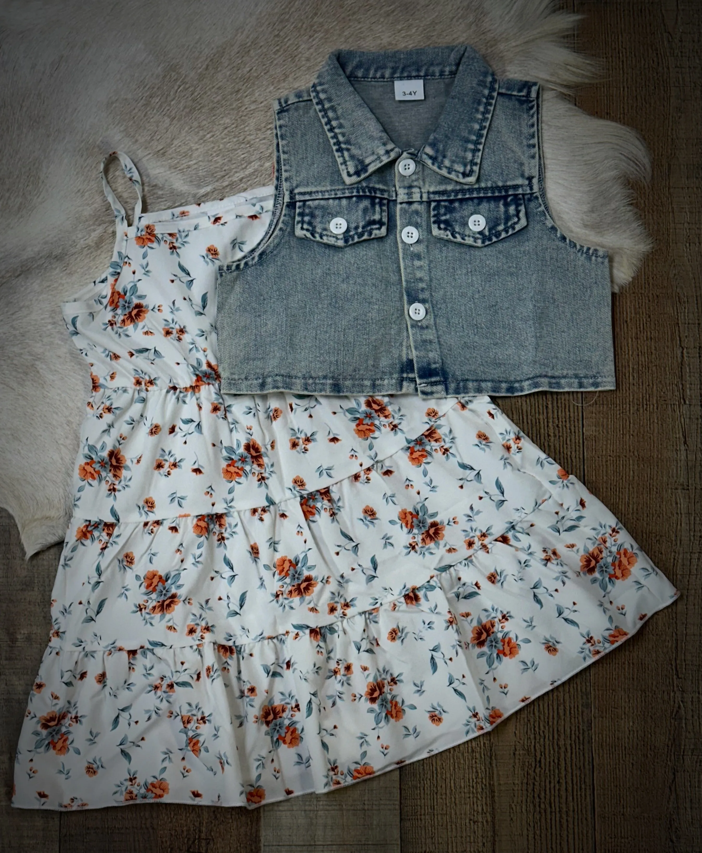 Girl Sweet Denim Vest and Floral Dress Set