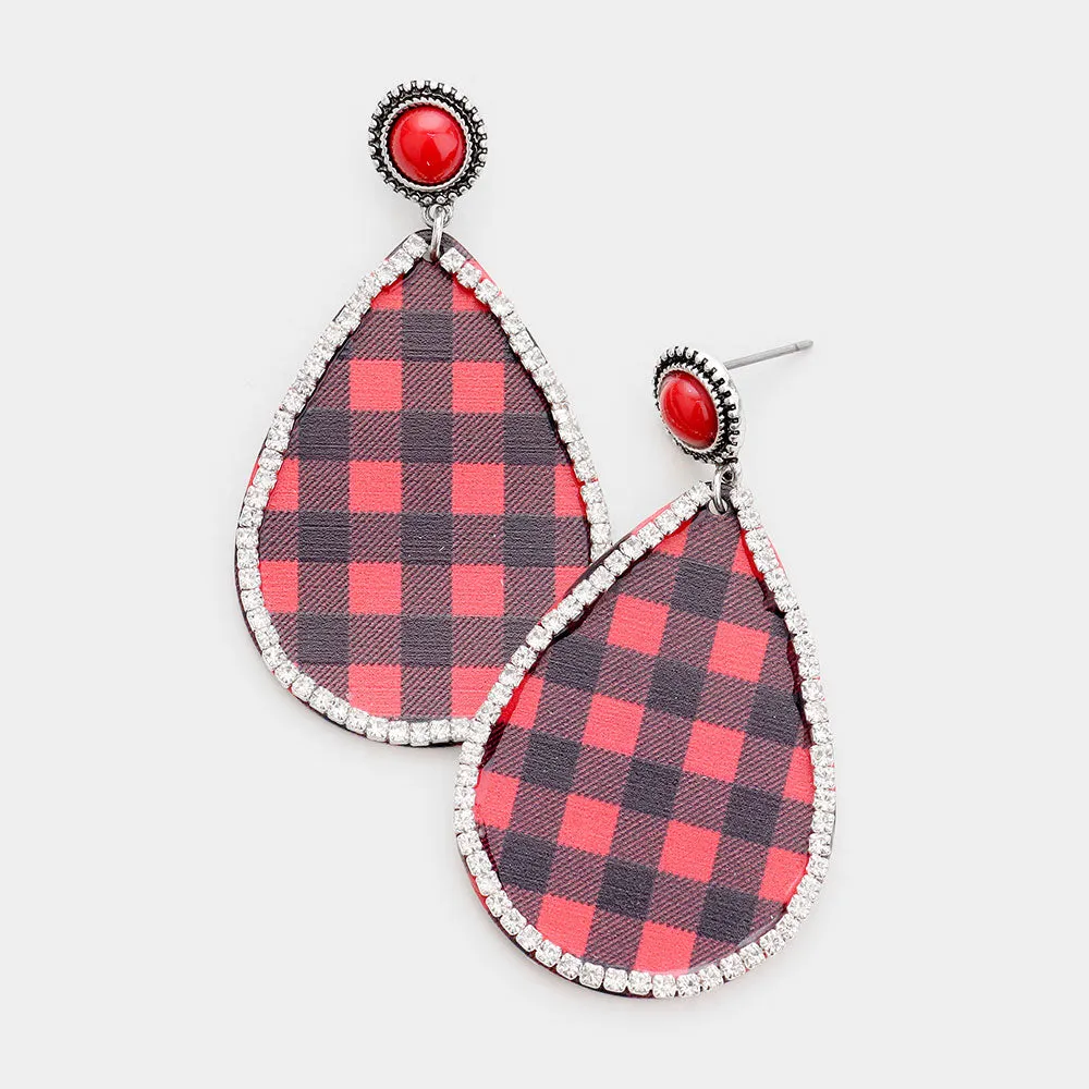 iLLASPARKZ Buffalo Check Print Rhinestone Trim Metal Teardrop Earrings