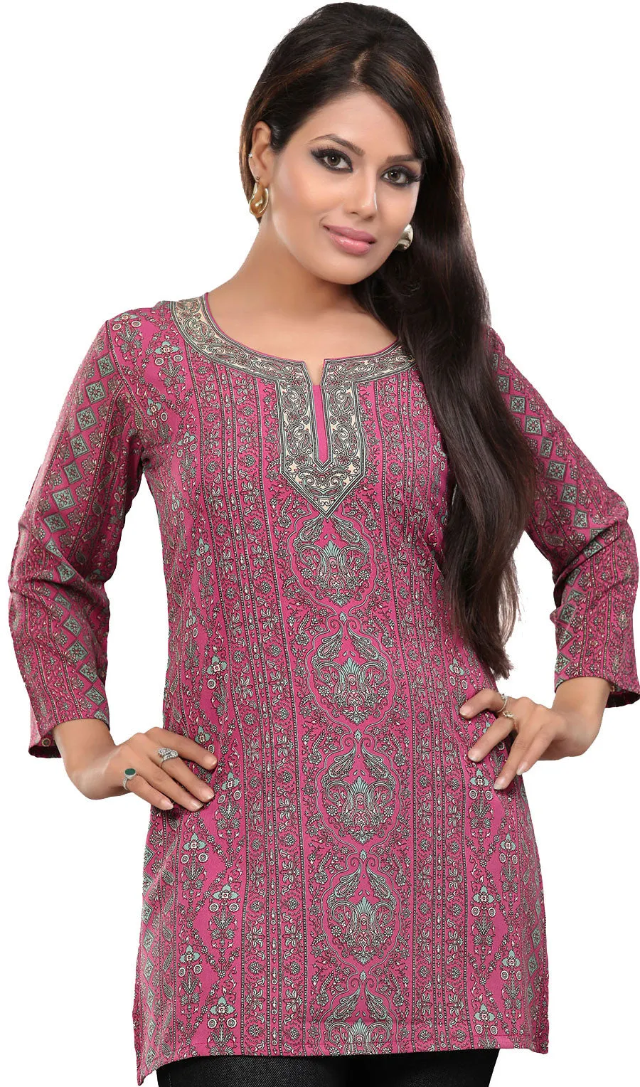 Indian Kurti Top Tunic Printed Womens Blouse India Clothes (Pink)