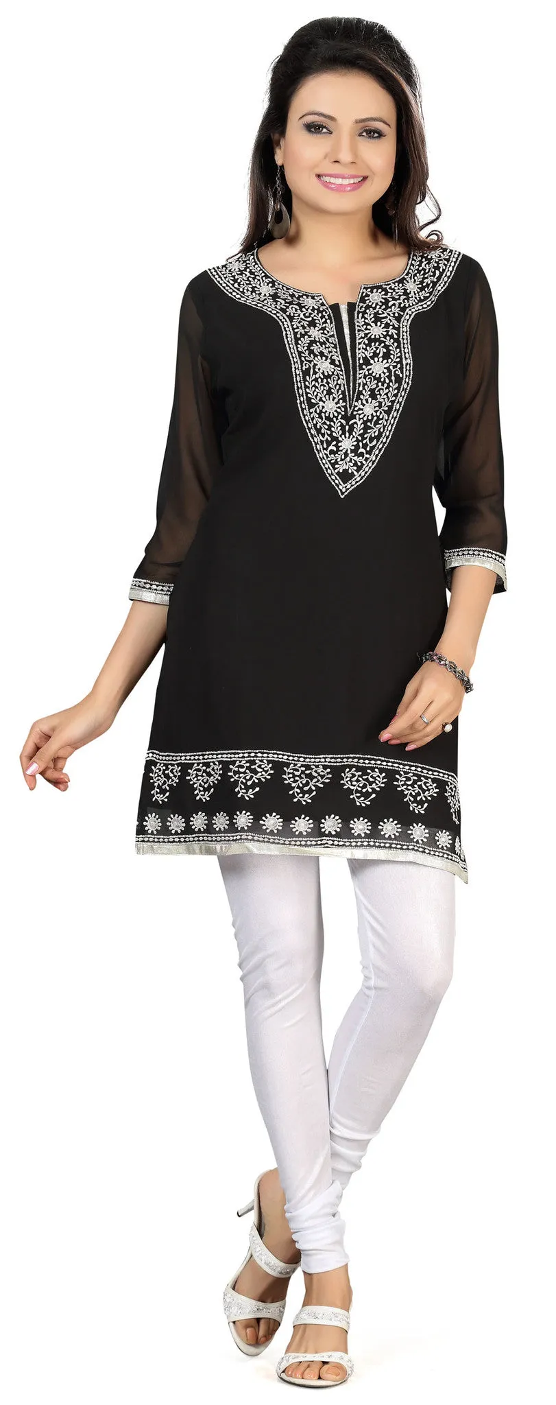 Indian Long Kurti Top Tunic Embroidered Womens India Clothes (Black)