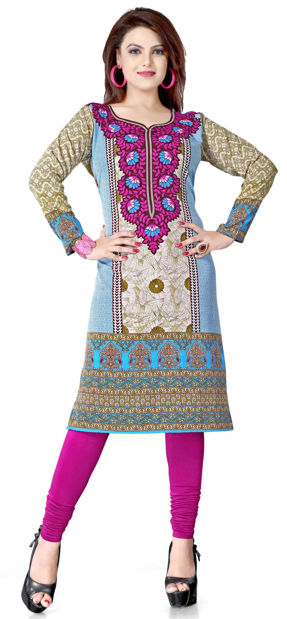 Indian Long Tunics Kurti Top Blouse Womens India Apparel (Magenta)