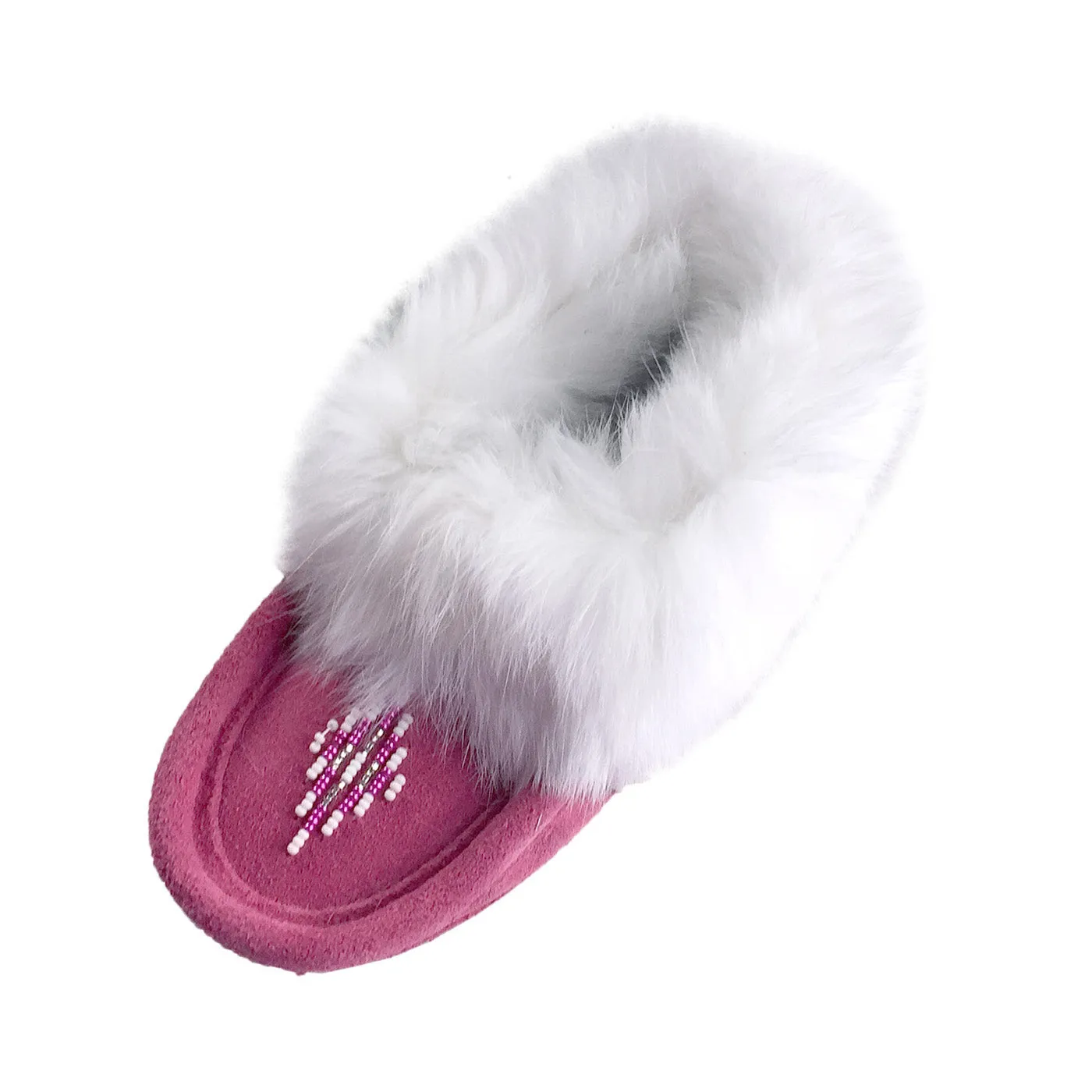 Junior Fuchsia Suede Fleece Lined Beaded Rabbit Fur Moccasins (Final Clearance)