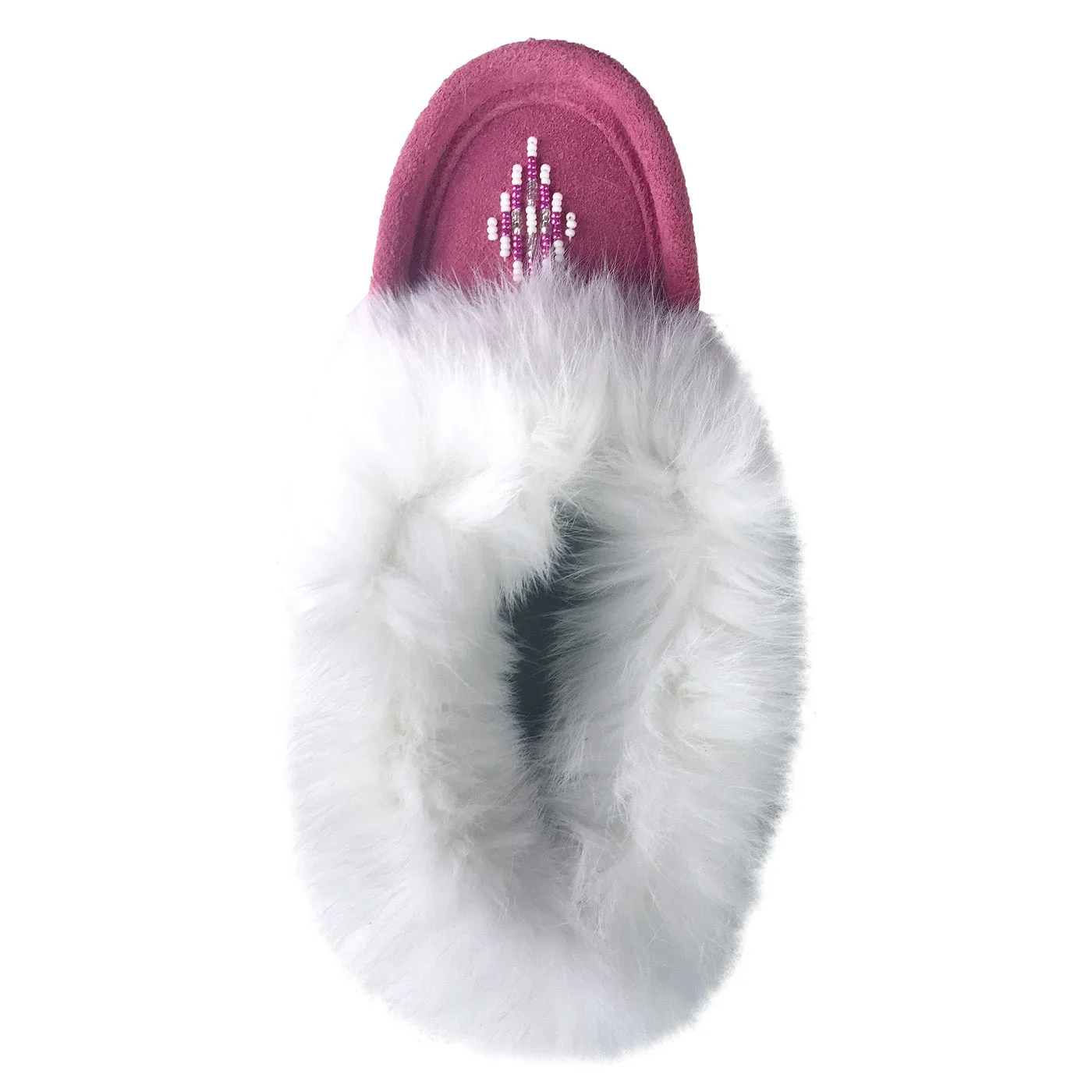 Junior Fuchsia Suede Fleece Lined Beaded Rabbit Fur Moccasins (Final Clearance)