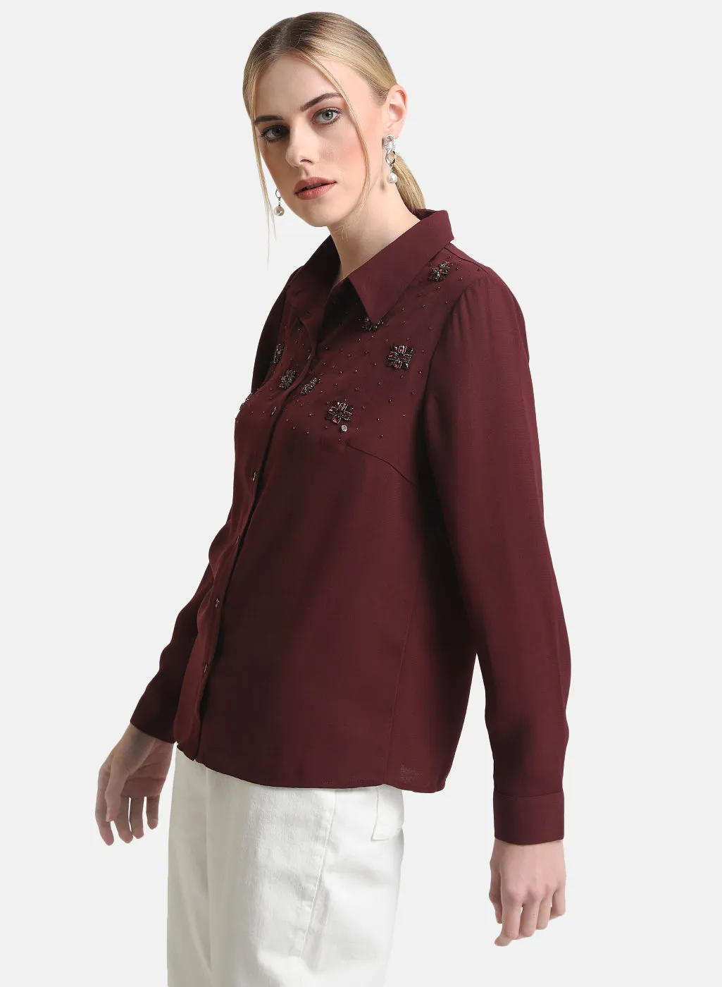 Kazo Maroon Stone Embellished Shirt