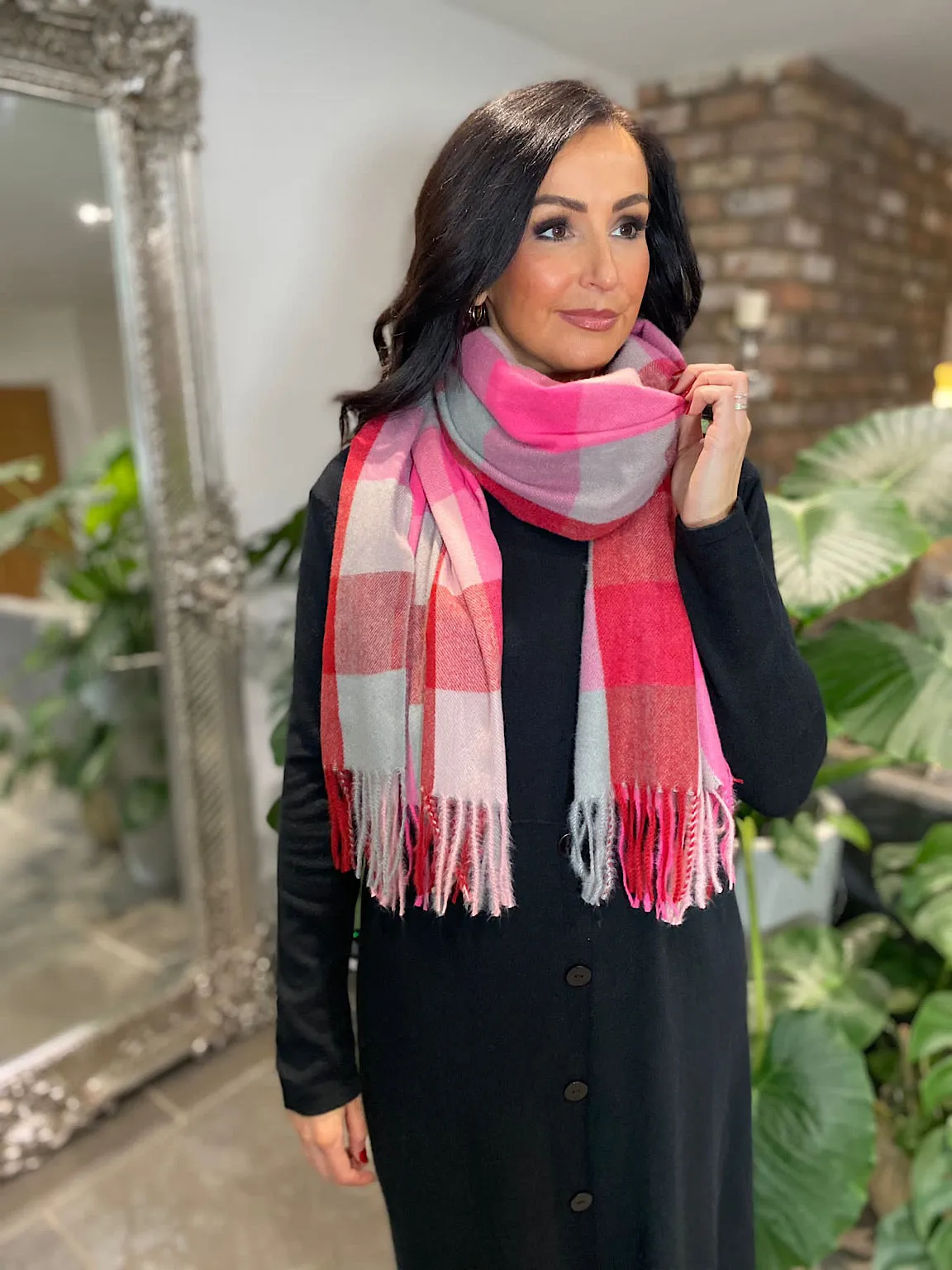 Lipstick Pink Multi Check Scarf