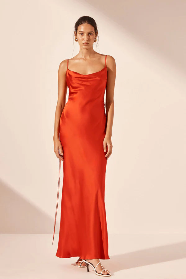 Milenna Silk Cowl Neck Lace Up Maxi Dress - Chilli Red