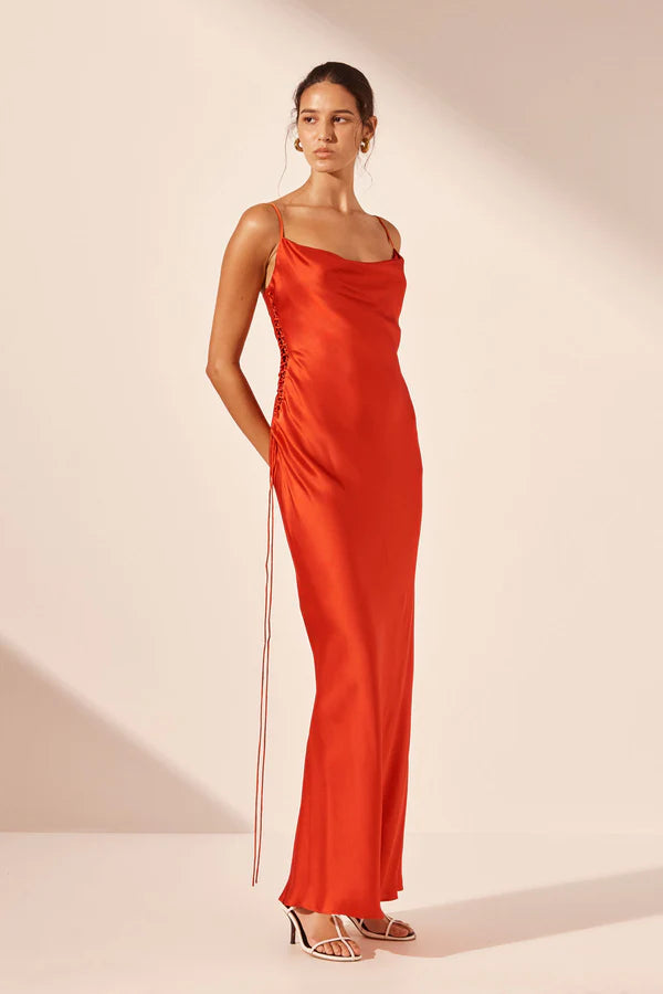 Milenna Silk Cowl Neck Lace Up Maxi Dress - Chilli Red