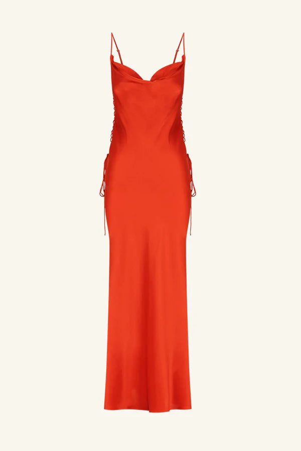 Milenna Silk Cowl Neck Lace Up Maxi Dress - Chilli Red