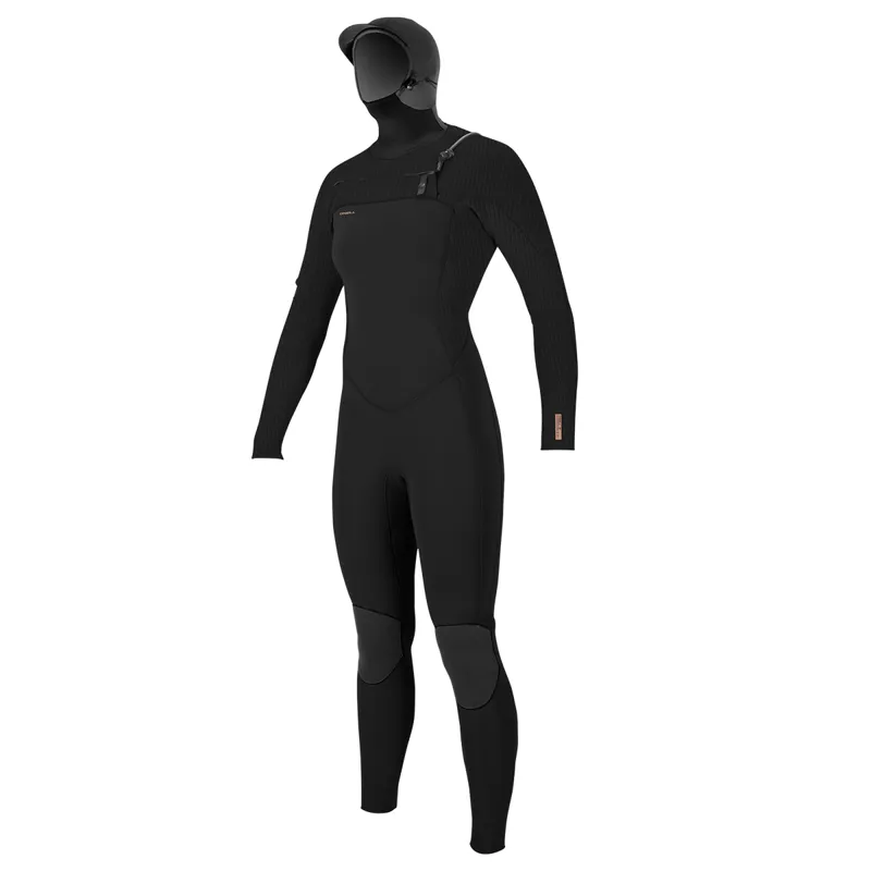 O Neill Womens Hyperfreak 5-4mm+ Chest Zip Hooded Wetsuit in Black