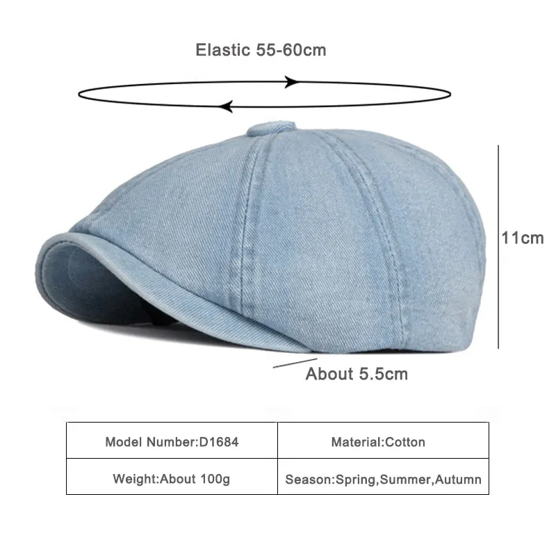 Unisex Eight-blade Denim Peaked Herringbone Flat Octagonal Hat