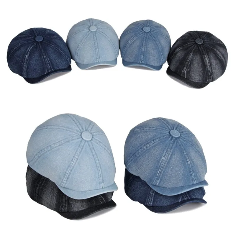 Unisex Eight-blade Denim Peaked Herringbone Flat Octagonal Hat