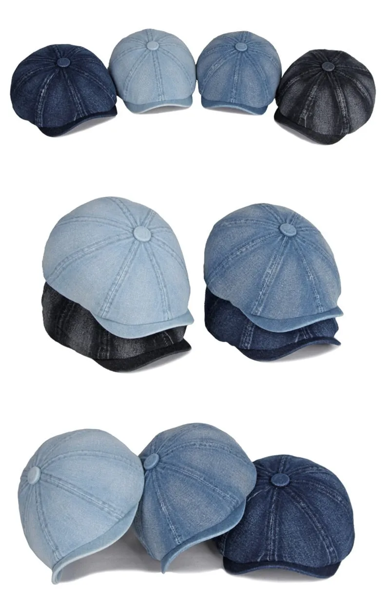 Unisex Eight-blade Denim Peaked Herringbone Flat Octagonal Hat